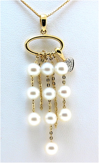 Multi White FW Cultured Pearl & Diamond Designer Pendant w/Box Chain, 14K Yellow Gold