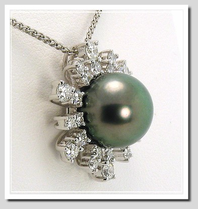 10.65MM Peacock Tahitian Pearl Pendant w/1.00 Ct. Diamonds, 18K White Gold