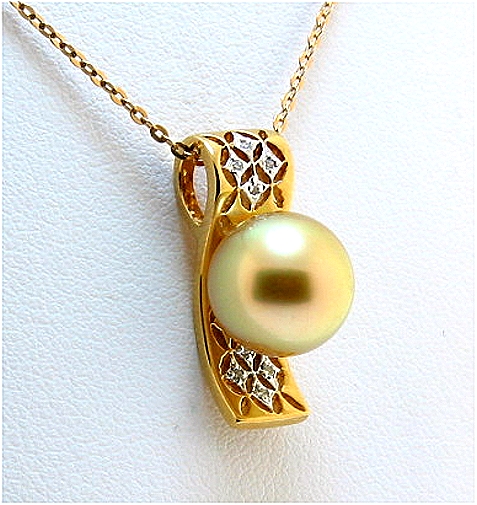 9.56MM Dark Golden South Sea Pearl Pendant Slide w/Diamonds, 18K Y Gold