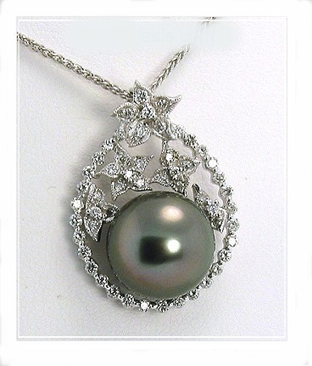 12.3MM Black/Red Tahitian Pearl Pendant, 0.53 Ct. Diamonds, 18K W Gold