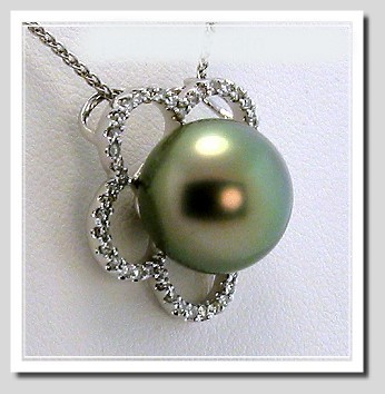 12.5MM Gray/Blue Tahitian Pearl Pendant Slide 0.33 Ct. Diamonds, 18K W Gold, 16 in. Chain