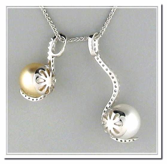 10.8-10.6MM White & Golden South Sea Pearl Pendant Slide w/Chain 18K W Gold 0.55 Ct. Diamonds, 18 in.