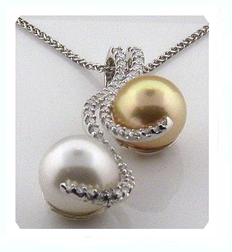 10.8-10.6MM White & Golden South Sea Pearl Pendant Slide w/Chain 18K W Gold 0.55 Ct. Diamonds, 18 in.