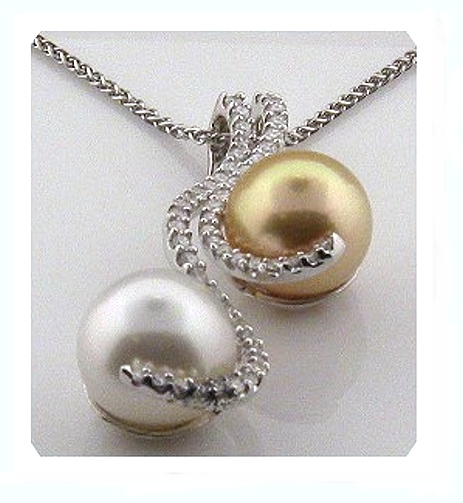 10.8-10.6MM White & Golden South Sea Pearl Pendant Slide w/Chain 18K W Gold 0.55 Ct. Diamonds, 18 in.