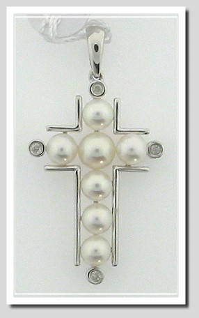 Multi White Freshwater Pearl Diamond Cross Pendant 14K White Gold