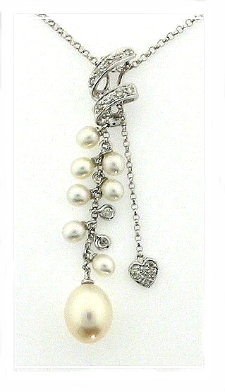 Multi White Freshwater Pearl Diamond Pendant 14K White Gold