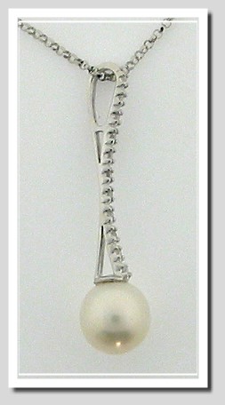 8.5MM White Freshwater Pearl Diamond Pendant 14K White Gold 16in Chain