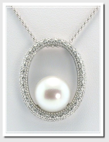 11MM White Pearl Diamond Oval Circle Pendant Chain 14K White Gold 16in