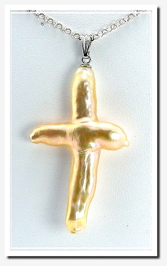 Large Peach Freshwater Cross Pendant 14K White Gold 