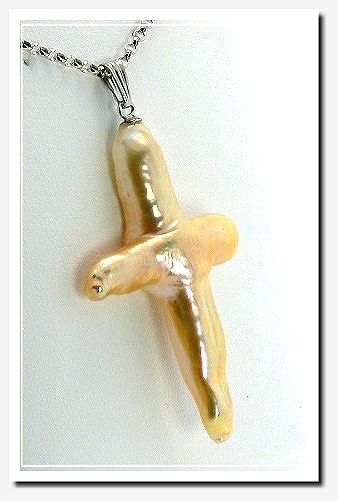 Large Peach Freshwater Cross Pendant 14K White Gold 