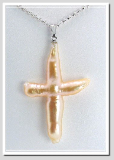 Large Freshwater Cross Pendant 14K White Gold 