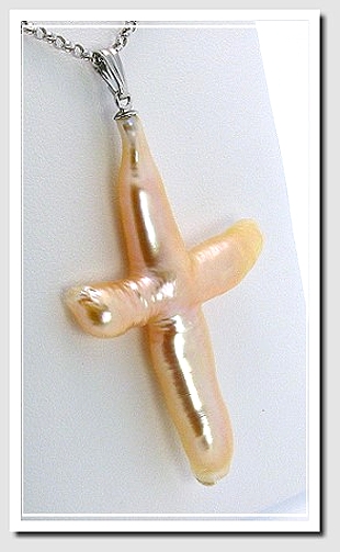 Large Freshwater Cross Pendant 14K White Gold 