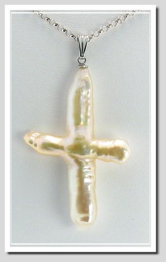 Large White Freshwater Cross Pendant 14K White Gold 