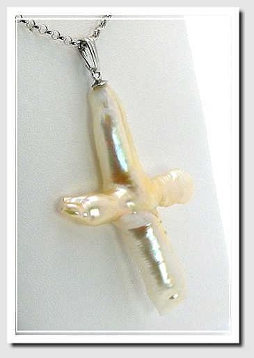 Large White Freshwater Cross Pendant 14K White Gold 
