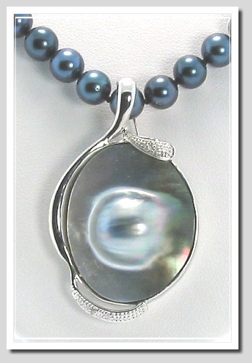 23X28MM Dark Gray Tahitian Blister Pearl Diamond Pendant Enhancer 14K Gold