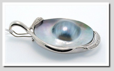 23X28MM Dark Gray Tahitian Blister Pearl Diamond Pendant Enhancer 14K Gold