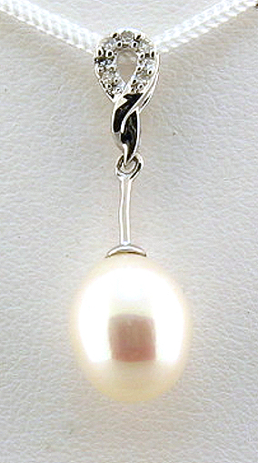 8X10MM White FW Pearl Diamond Pendant 14K White Gold