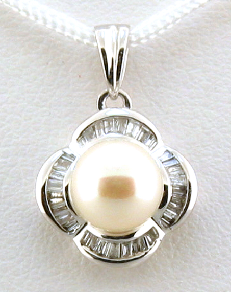 AAA 7-7.5MM FW Pearl & Diamond Pendant 14K White Gold