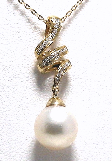 8.5-9MM White Akoya Pearl Diamond Spiral Pendant, 14K Yellow Gold