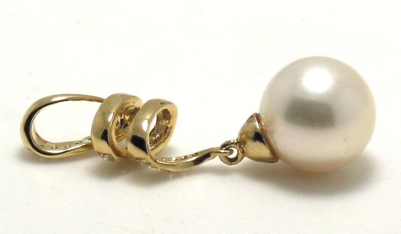 8.5-9MM White Akoya Pearl Diamond Spiral Pendant, 14K Yellow Gold