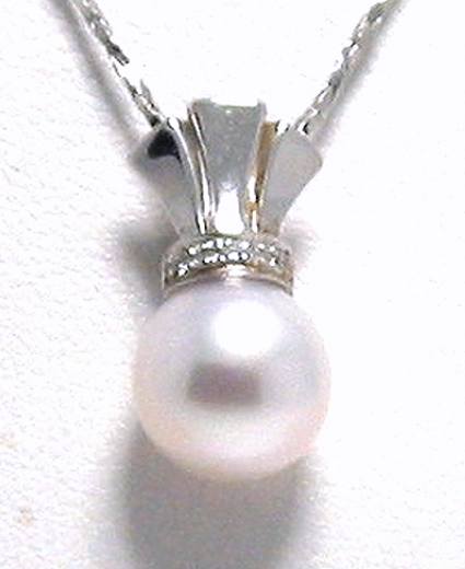 8.5-9MM White Akoya Pearl Diamond Crown Pendant, 14K White Gold