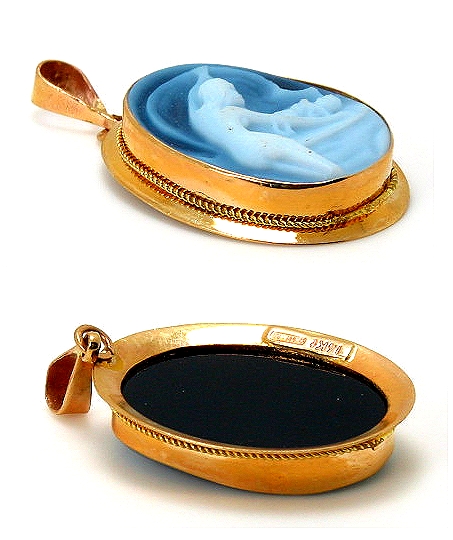 Mother & Baby Agate Cameo Pendant, 14K Yellow Gold