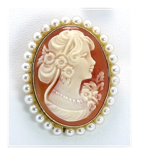 19X25MM Cameo Pearl Brooch 14K Yellow Gold
