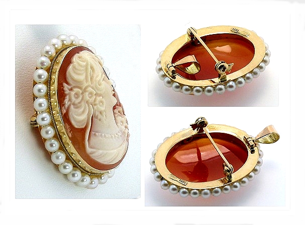 19X25MM Cameo Pearl Brooch 14K Yellow Gold
