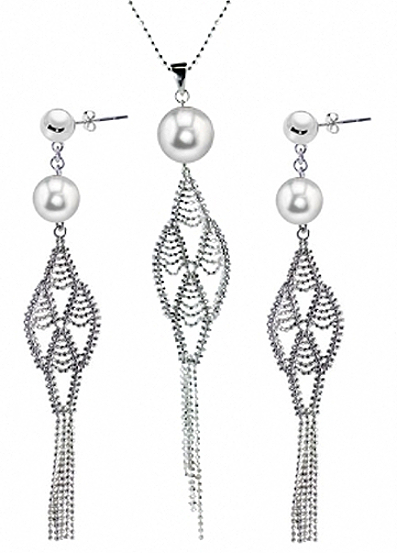 8-11MM White Freshwater Pearl Lace Style Earrings, Pendant /18in Chain, Silver