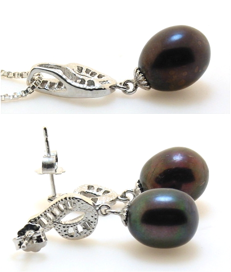 8X10MM Black FW Pearl & Crystal Earrings / Pendant / Chain 18in Set