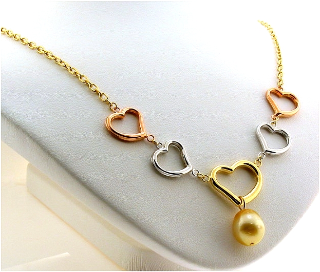 Designers Heart Necklace 9.8X11.5MM Golden South Sea Pearl 14K Tri Color Gold 17in.