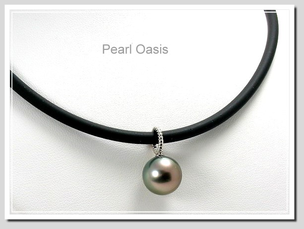 12.5MM Peacock Tahitian Pearl Pendant Slide w/18in 4MM Robber Cord, 14K White Gold