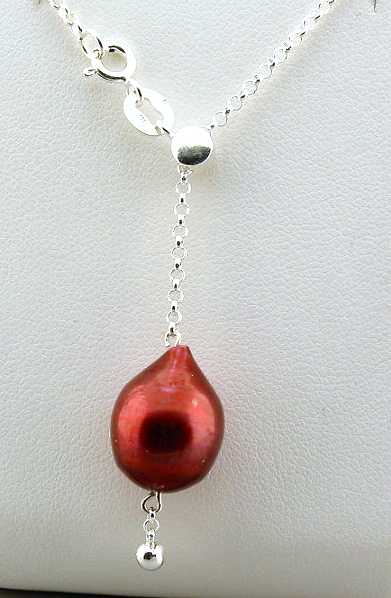 11x14MM Red/Brown Freshwater Pearl Lariat Adjustable Necklace, Sterling Silver, 22in
