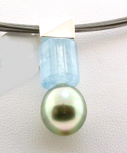 Peacock Tahitian Pearl & Blue Tourmaline Slide Pendant on Wire Chain, 18in Silver