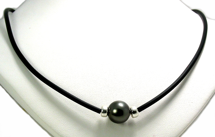 11.7MM Tahitian Pearl & Roundals on Black Rubber Cord, Silver, 20in.