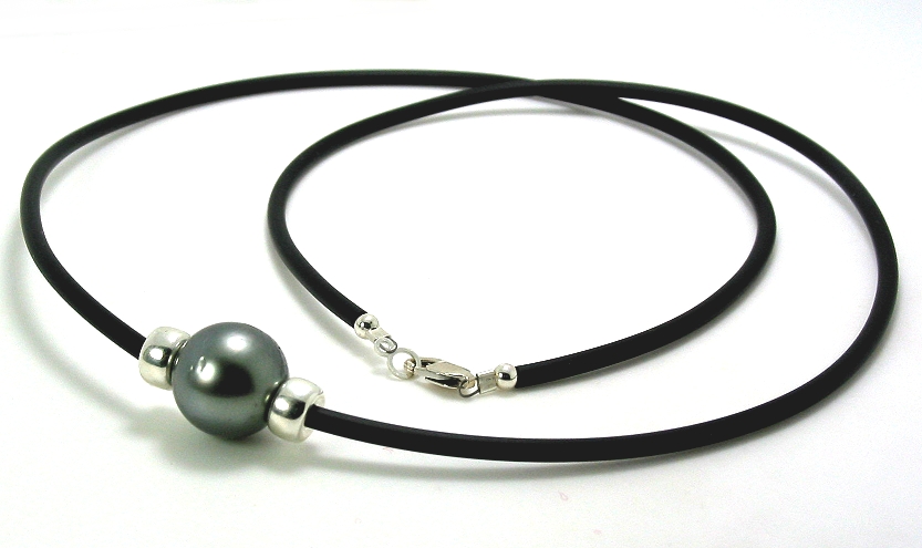 12.7MM Gray Tahitian Pearl & Roundals on Black Rubber Cord, Silver, 24in.