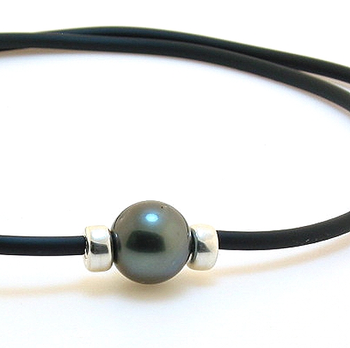 10.9MM Dark Gray Tahitian Pearl & Bead on Rubber Cord Necklace, Silver 18in