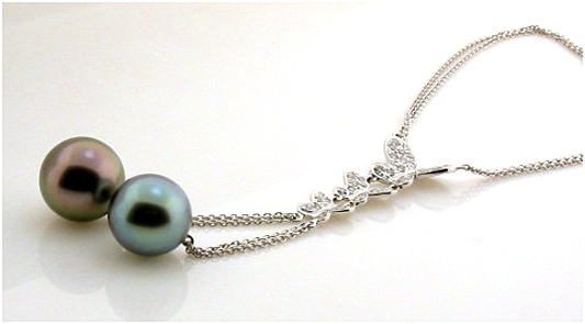 10.4MM & 11MM Double Tahitian Cultured Pearl Lariat Necklace with Diamond Butterfly, 18K White Gold w/0.39 Ct. Diamonds, 18 +2.5 In.