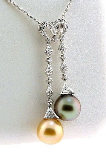 Golden South Sea Pearl & Peacock Tahitian Pearl Pendant w/Chain, 0.54 Ct. Diamonds, 18K White Gold, 18 + 2 In.