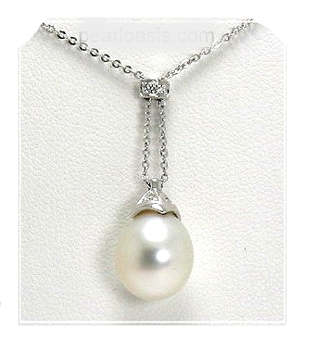 10X11.5MM White South Sea Pearl Diamond Necklace 16in 14K White Gold