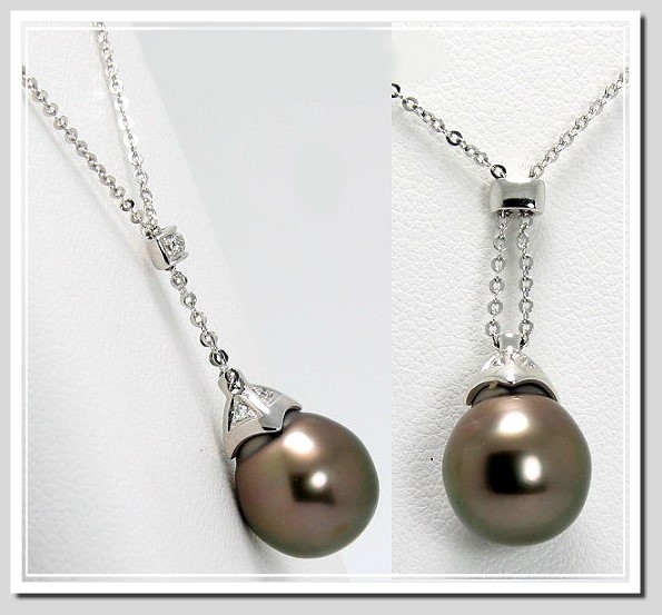 10.5X12MM Gray/Red Tahitian Pearl Diamond Necklace 14K White Gold 16+1in