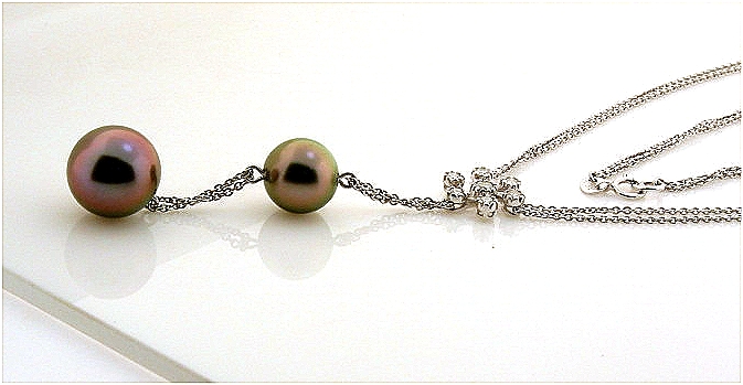 9.05MM & 10.9MM Peacock Tahitian Pearl Lariat Necklace, 0.20 Ct. 18K White Gold 16+2 In.
