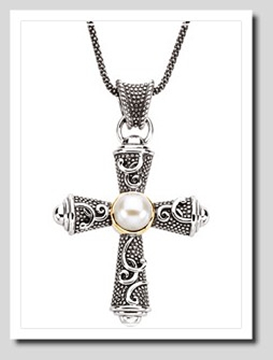 8MM FW Pearl Large Cross Pendant w/18in. Chain, Sterling  Silver/14K Gold
