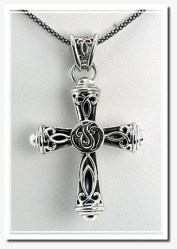 8MM FW Pearl Large Cross Pendant w/18in. Chain, Sterling  Silver/14K Gold
