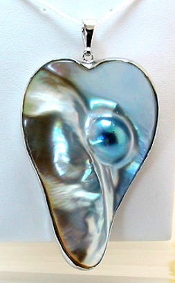 Large South Sea Blister Mabe Pearl Heart Pendant Enhancer Silver 