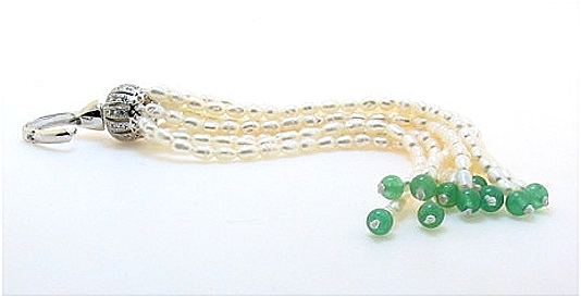 10 Strand White FW Pearl & Green Aventurine & Crystal Chandelier Pendant Enhancer, Silver, 4.5in Long