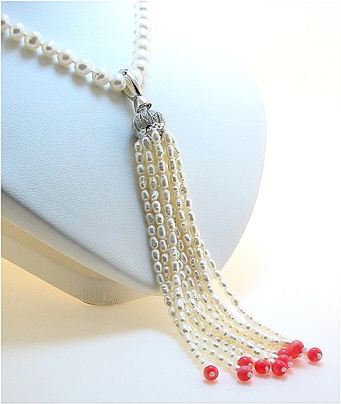 10 Strand White FW Pearl & Pink Coral & Crystal Chandelier Pendant Enhancer, Silver, 4.5in Long