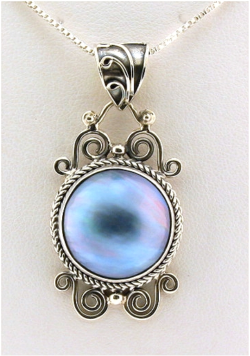 17MM Blue Mabe Pearl Pendant, Silver, 1.7in Long, 8.3 Grams