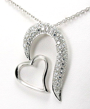 Large Double Heart Pendant w/ Chain, Cubic Zircon, Sterling Silver