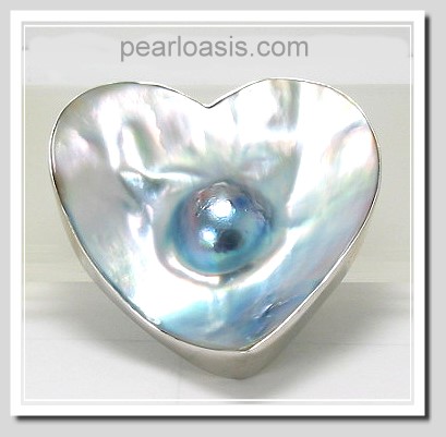 Large South Sea Mabe Blister Pearl Heart Brooch Steeling Silver